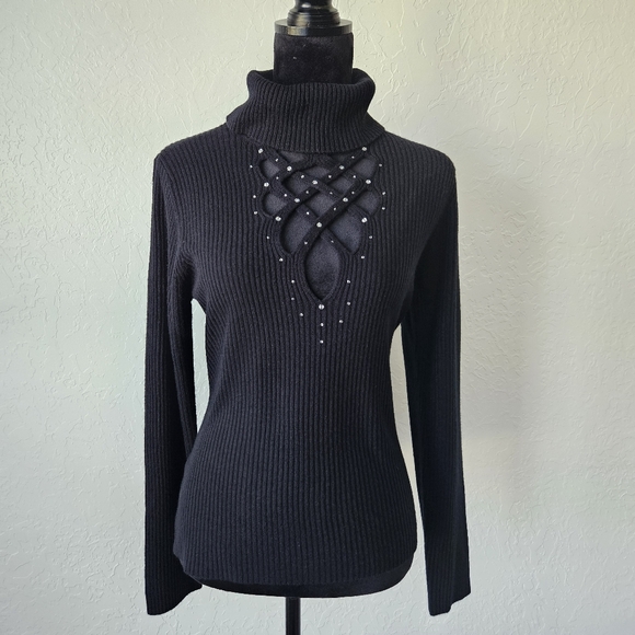 Newport  News Black Bling Turtleneck Sz Large Bodycon Y2K Whimsigoth Turtleneck - Picture 1 of 9